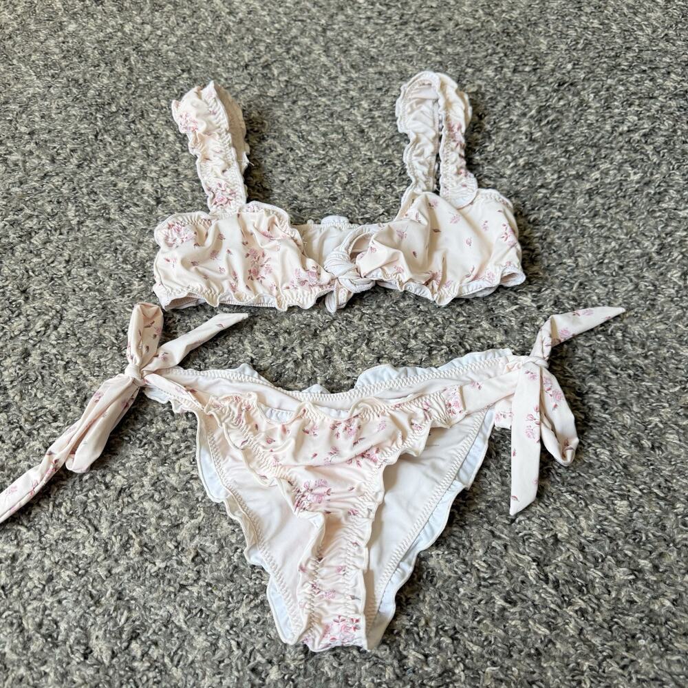 Frankies Bikinis Colby Tie Front Ruffle Bikini Set Size XS Pink Sweet Rose